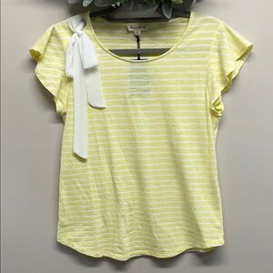 NWT Jane and Delancey Yellow & White Striped Flutter Sleeve Top Bow Detail M